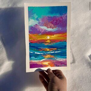 Sunset Beach Ocean Original Oil Painting 100 Day Challenge Metallic Colorful